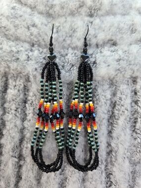 Multicolor Seed Bead Dangle Earrings - Black Accent